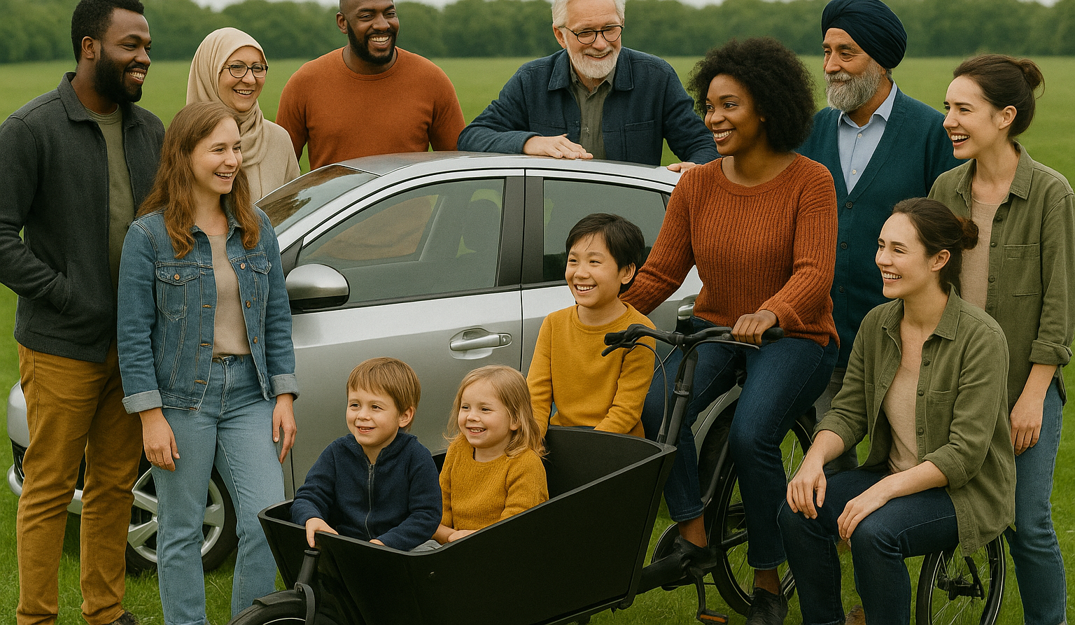 Menschen um Auto und Lastenrad